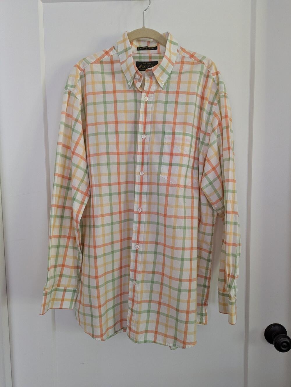 Orvis Mens L Plaid Button Shirt Signature Collection Cotton Orange Green Yellow